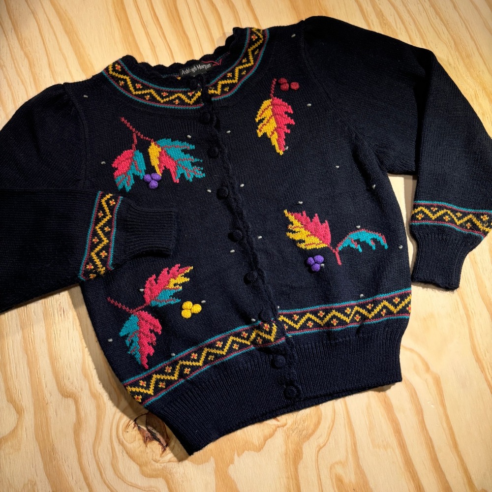 Ashleigh Morgan Vintage Black Embroidered Leaf Cardigan Sweater Women's Small